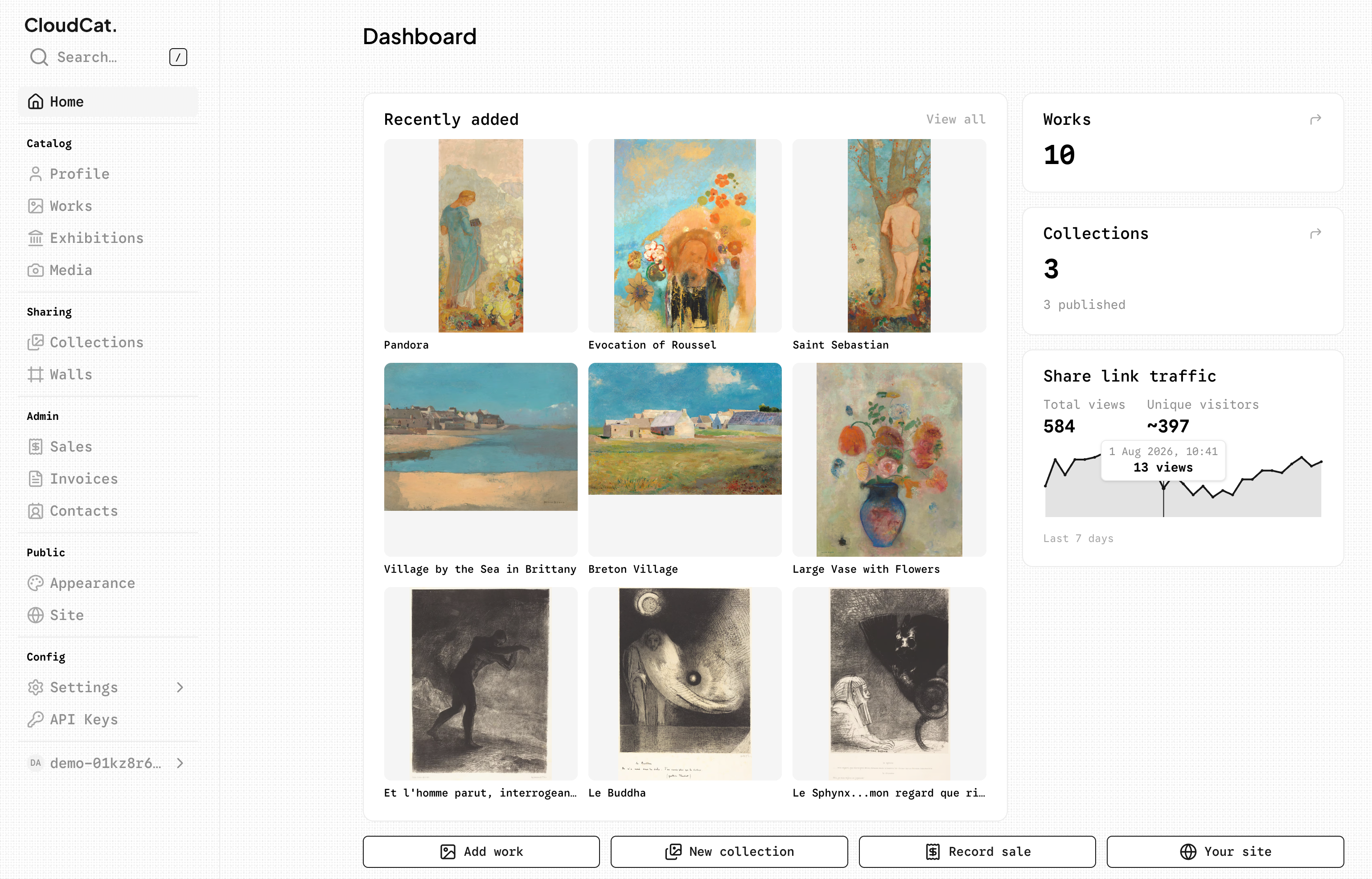 The CloudCat works list, showing the catalogue as a grid of photographs