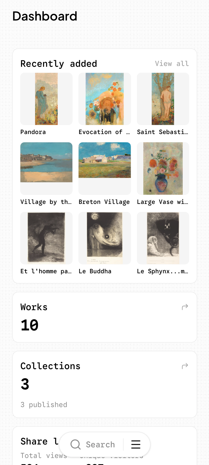 The CloudCat works list, showing the catalogue as a grid of photographs