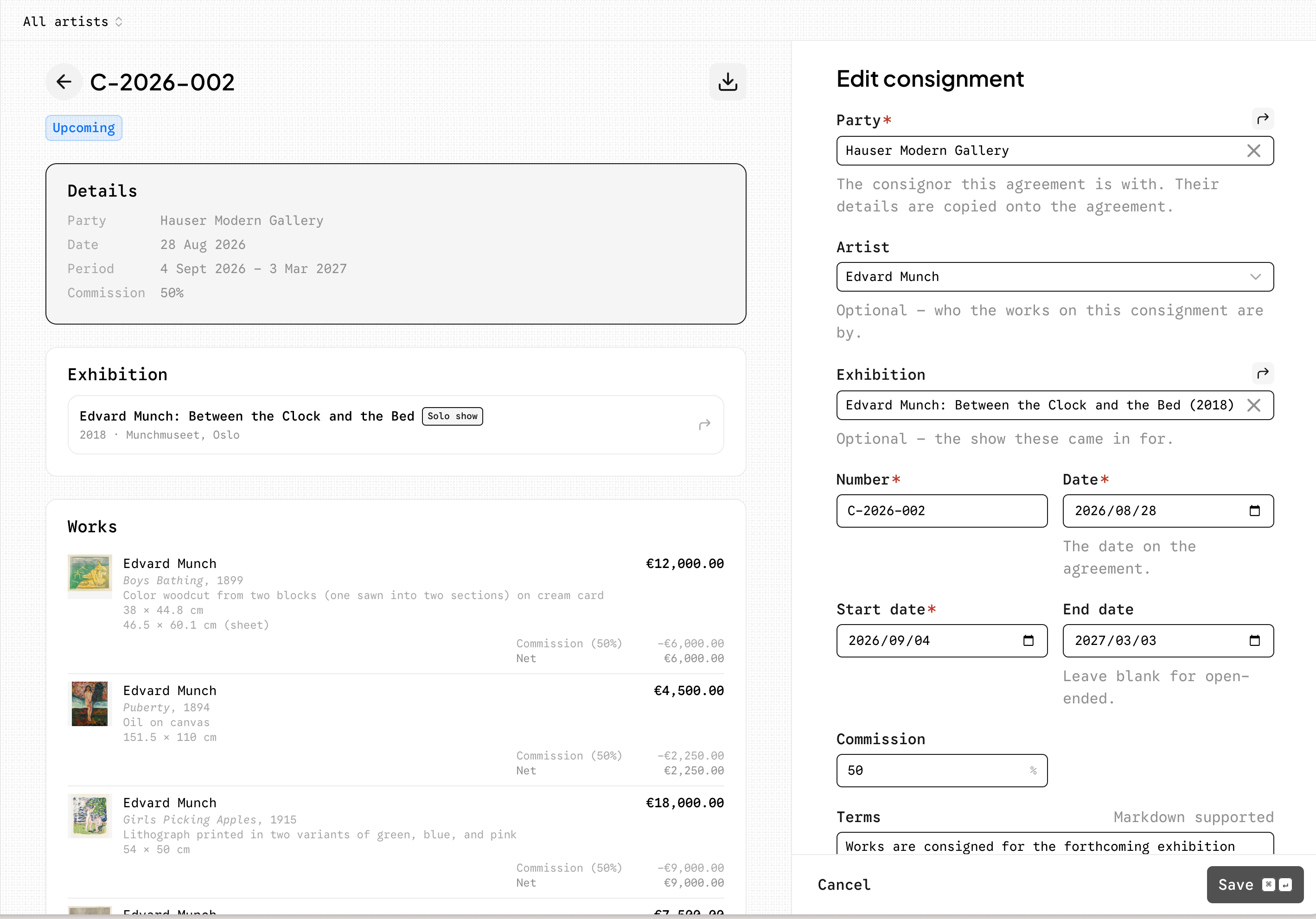 A consignment agreement in CloudCat, with its terms and the works it covers