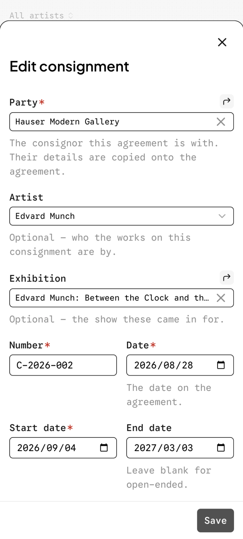 A consignment agreement in CloudCat, with its terms and the works it covers