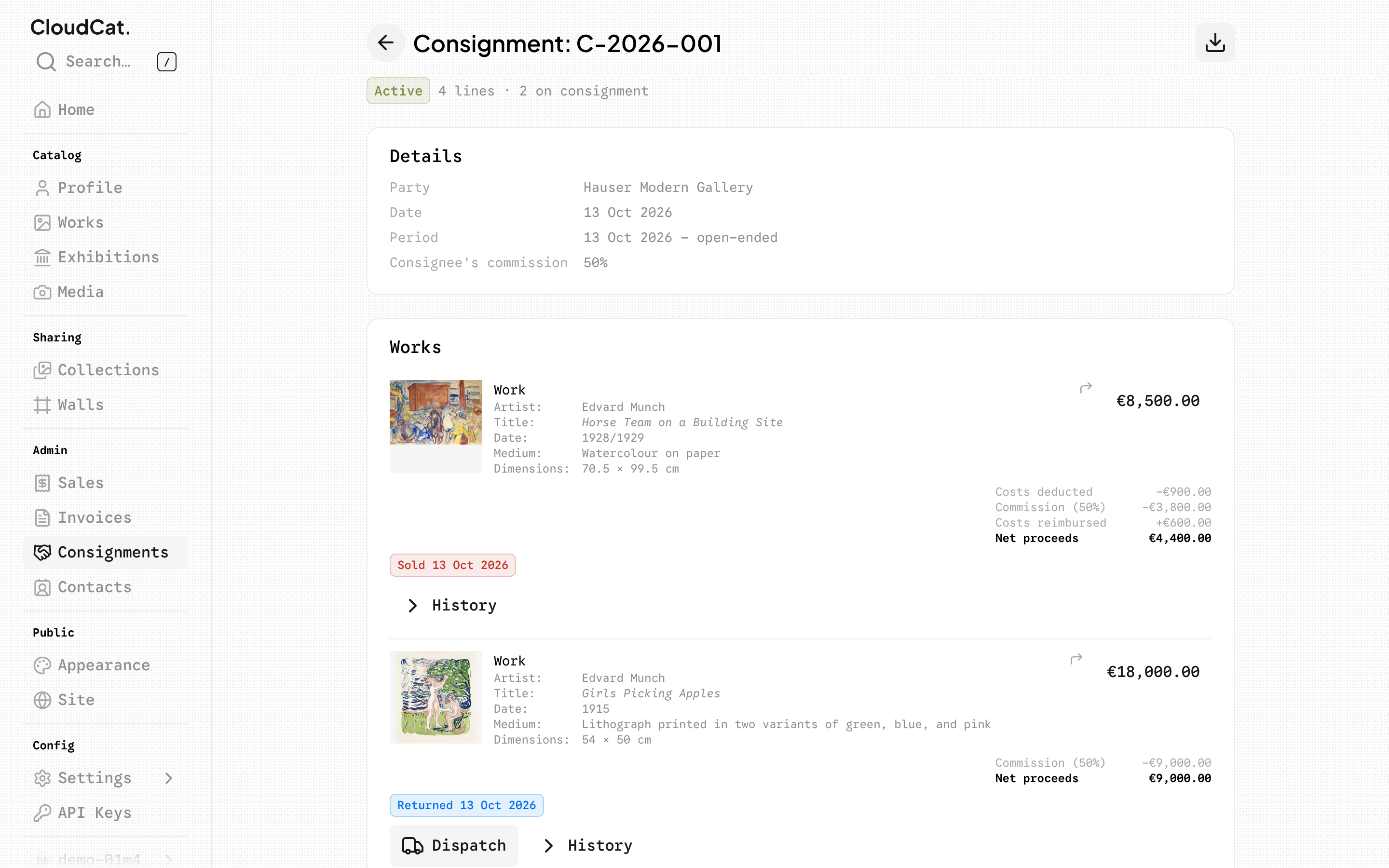 A consignment out in CloudCat: works placed with a gallery, one sold with its settlement worked out, one returned