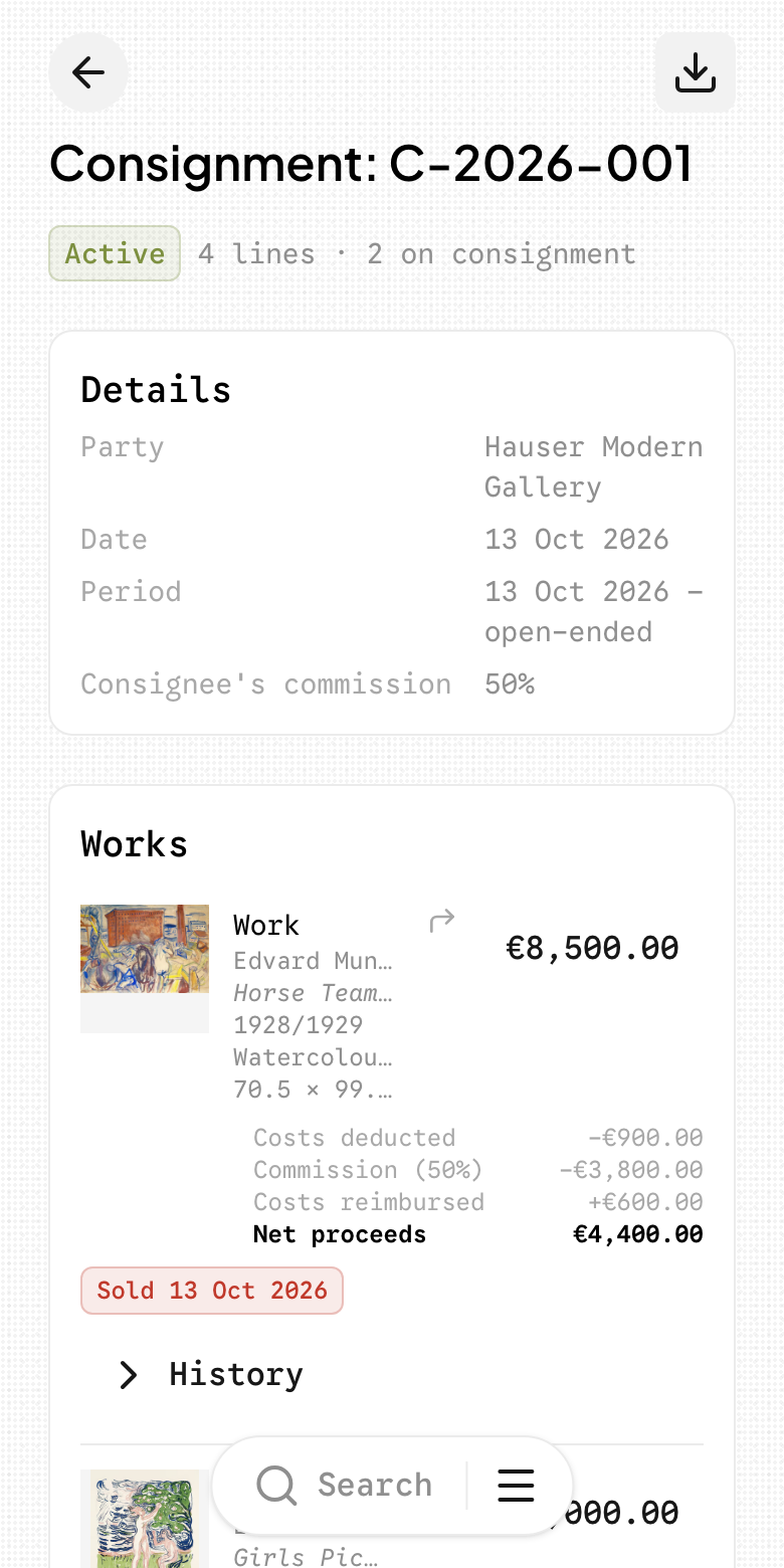 A consignment out in CloudCat: works placed with a gallery, one sold with its settlement worked out, one returned