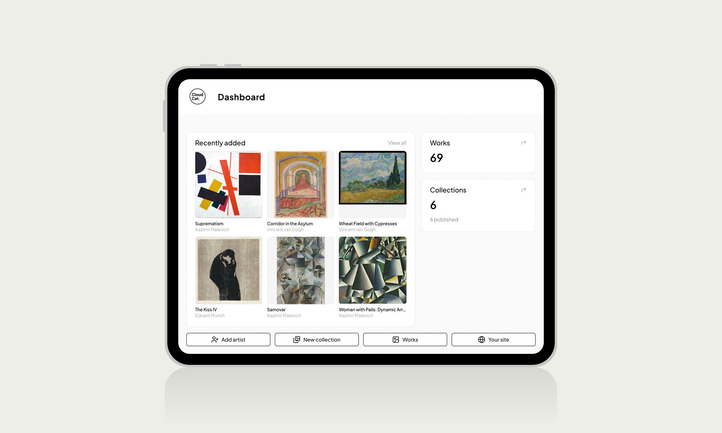 The CloudCat dashboard shown on an iPad