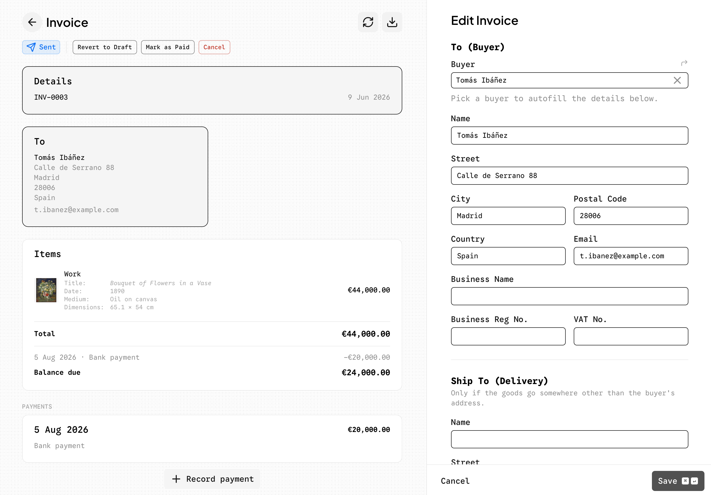 An invoice in CloudCat, open for editing beside its line items and balance