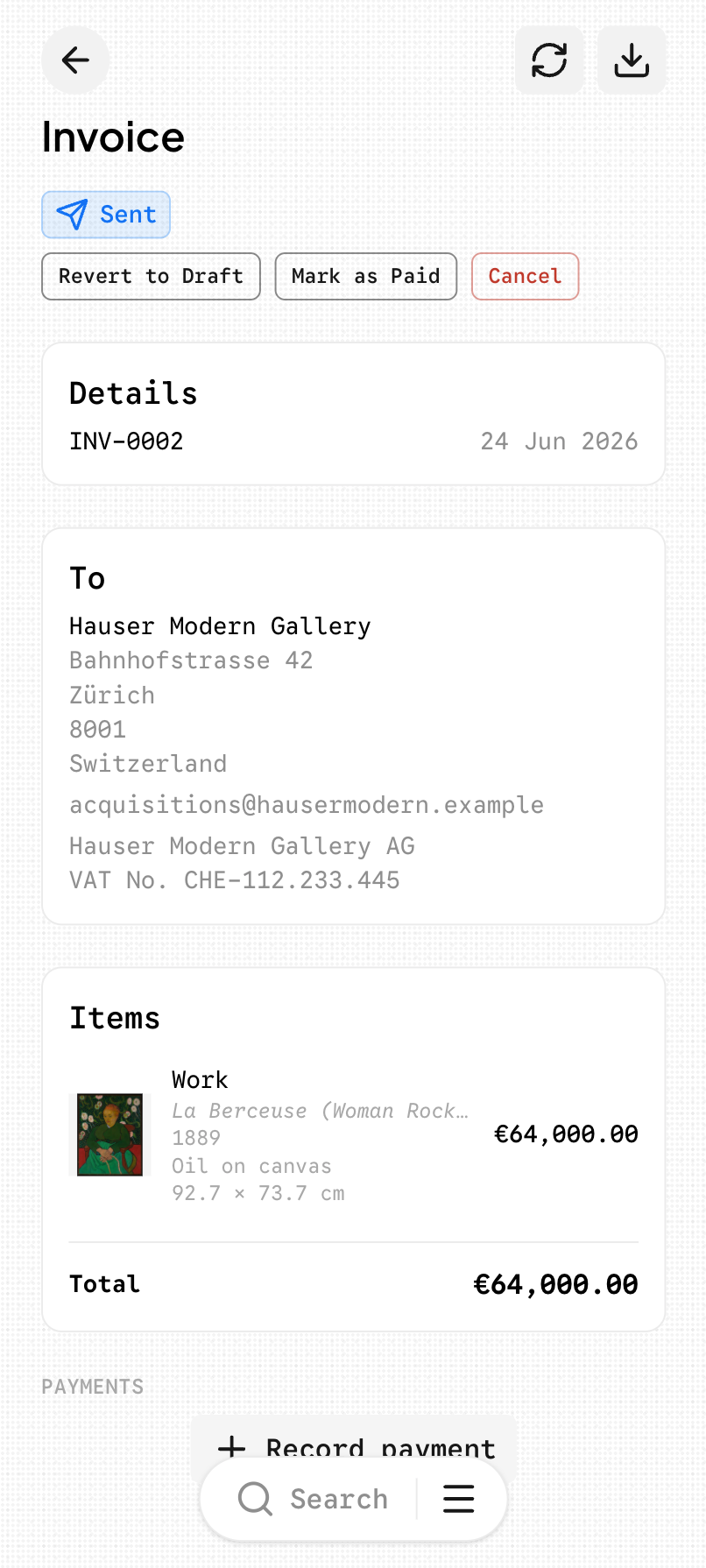An invoice in CloudCat, open for editing beside its line items and balance
