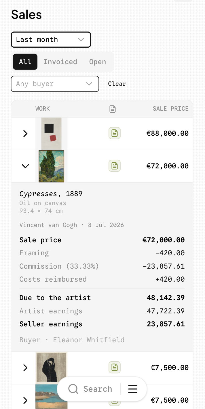 The CloudCat sales report, one row per sale with a settlement opened out beneath it