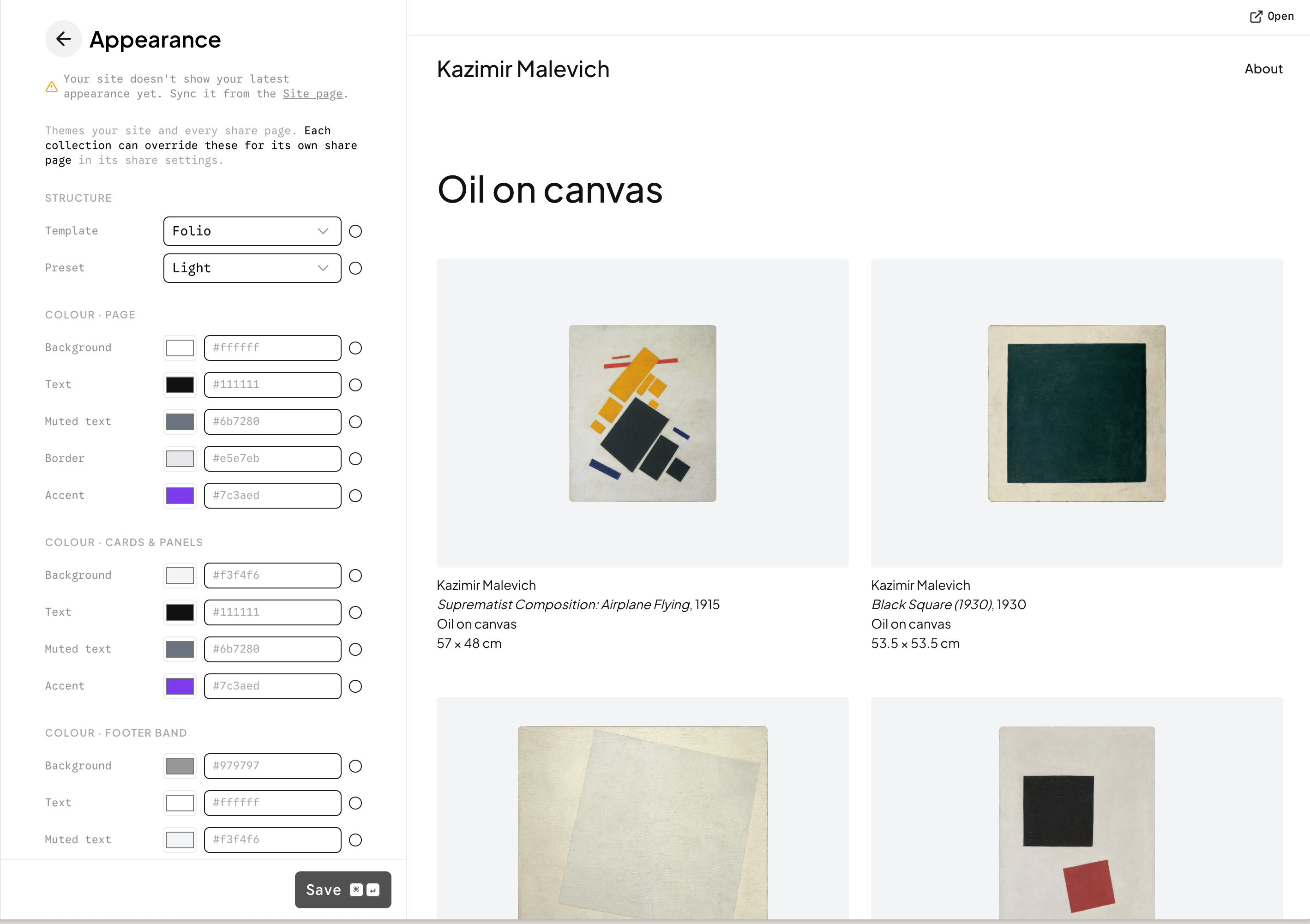 The CloudCat appearance editor, previewing a published site