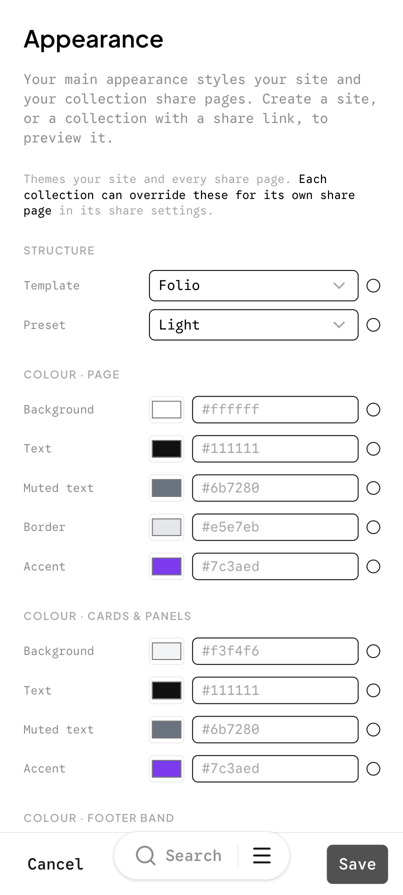 The CloudCat appearance editor, previewing a published site