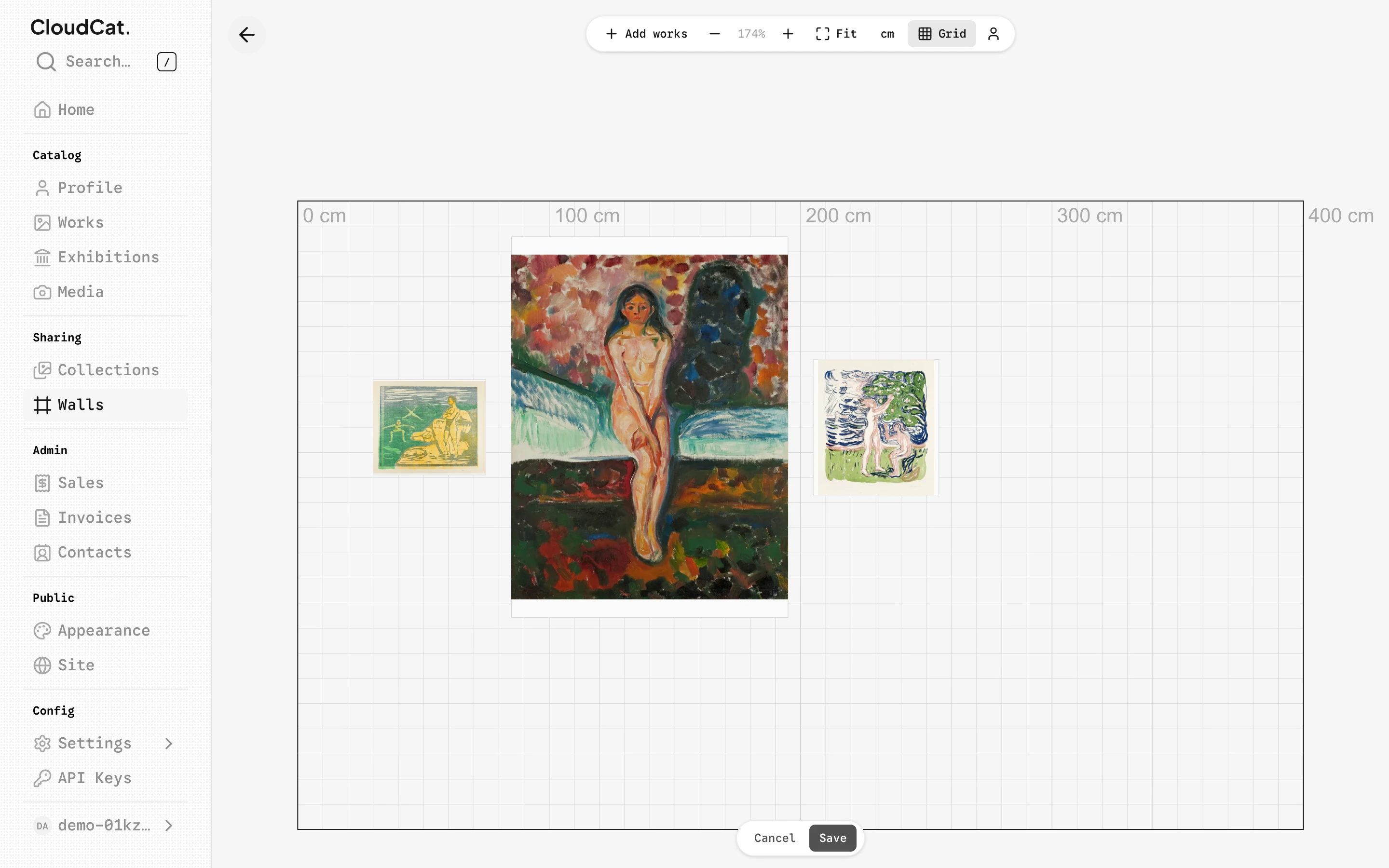Works arranged on a virtual wall in CloudCat, shown at true scale