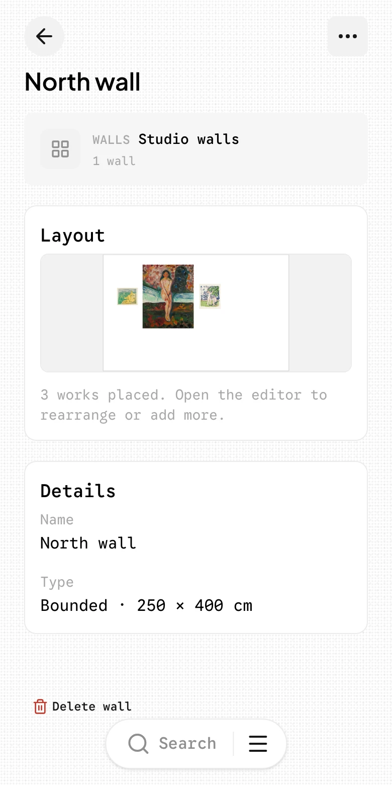 Works arranged on a virtual wall in CloudCat, shown at true scale