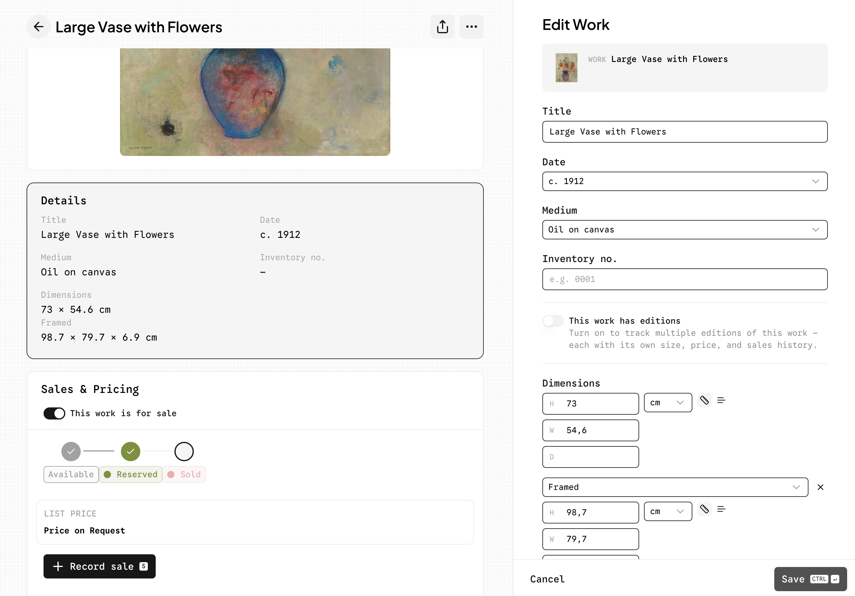 A single work in CloudCat, open for editing beside its details and price