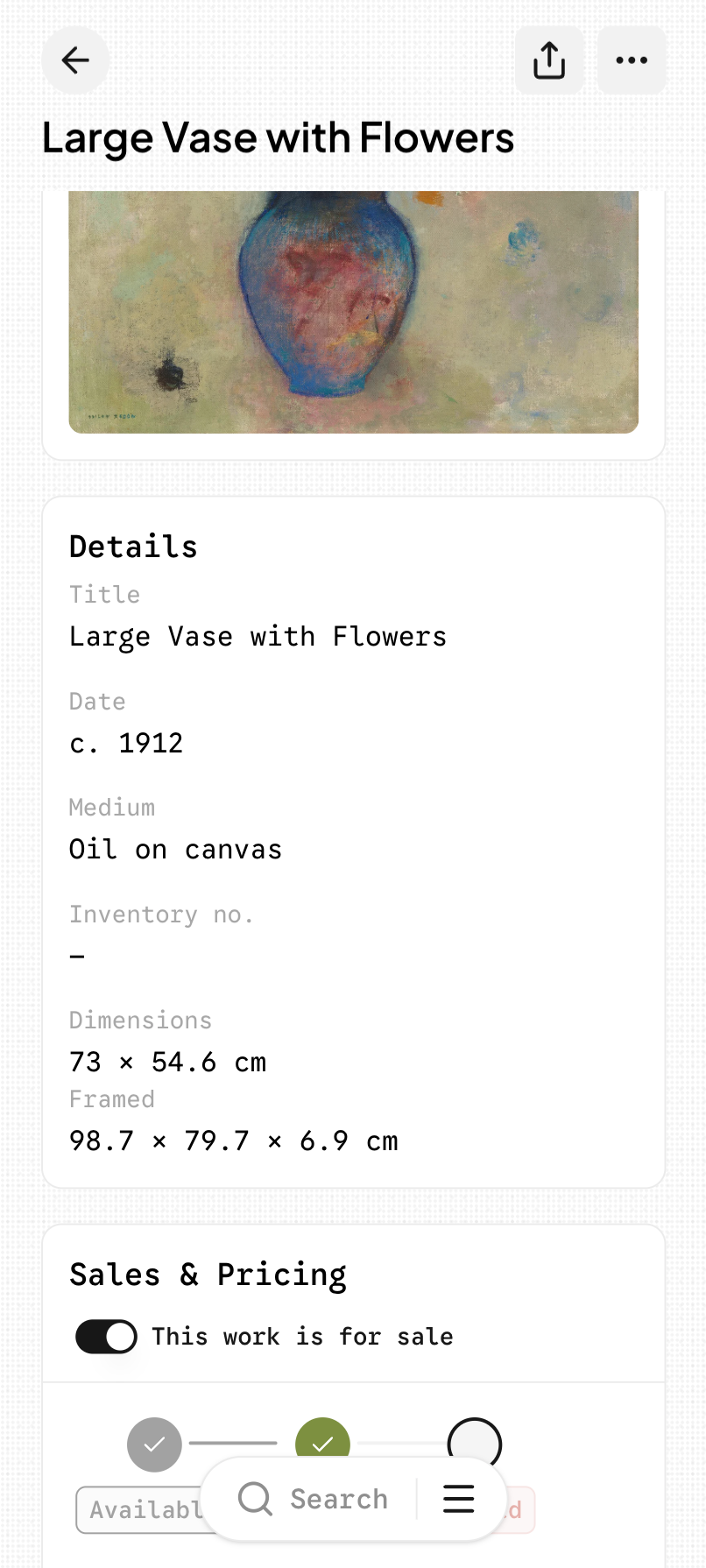 A single work in CloudCat, open for editing beside its details and price